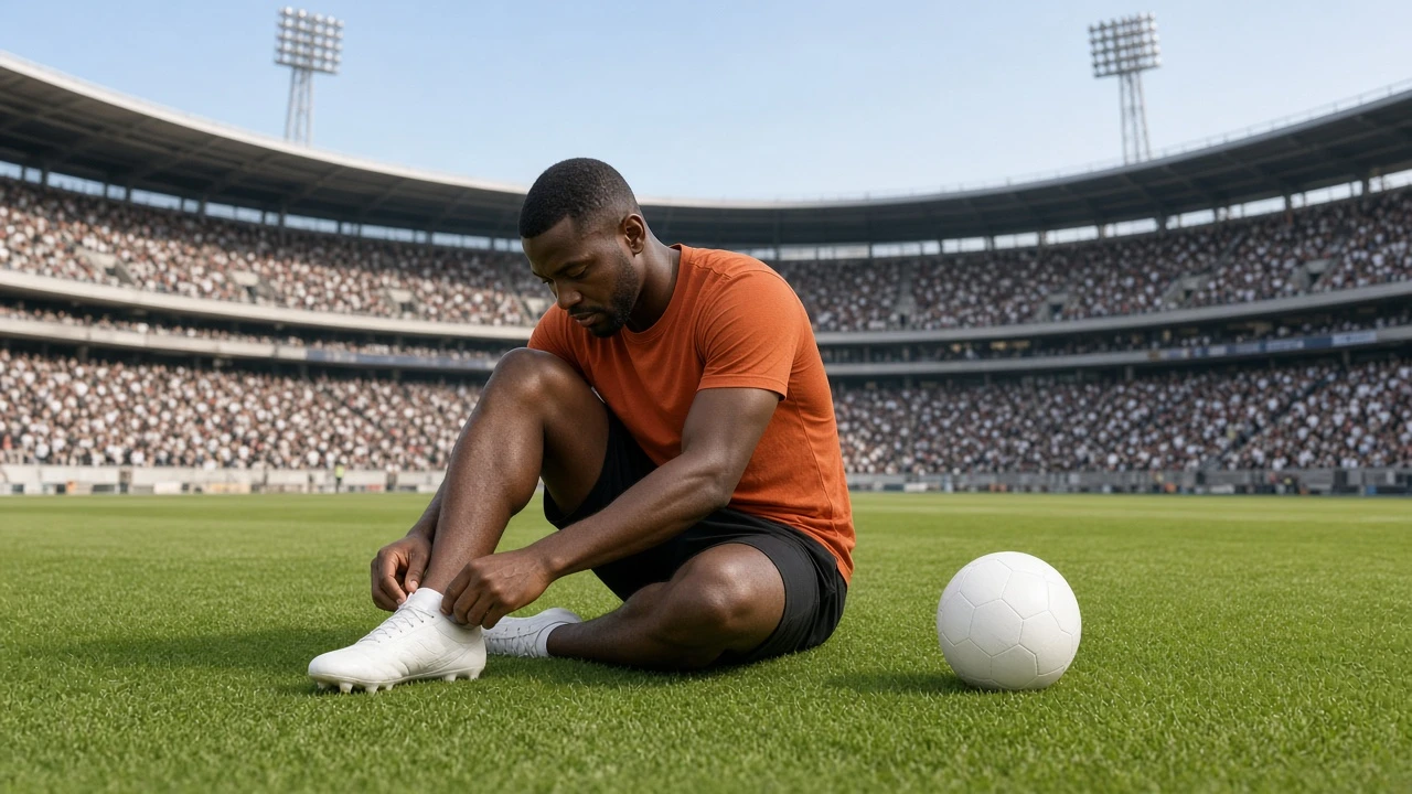 joueur football assi sur pelouse