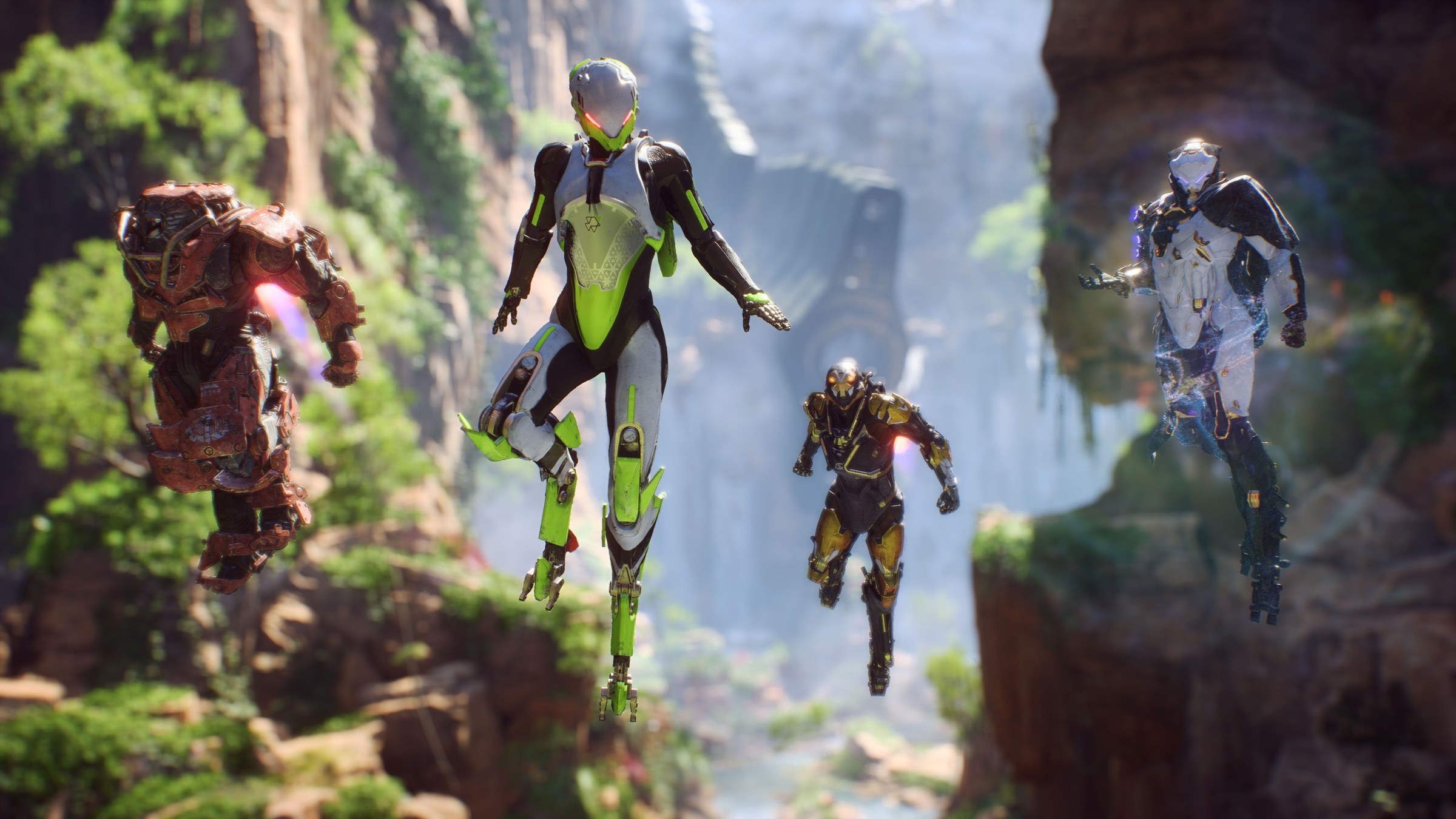 Javelin, l'exosuit volante du jeu vidéo Anthem, en plein combat au-dessus d'un paysage