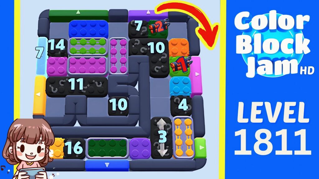 Grille de Color Block Jam avec des blocs colorés à déplacer pour libérer une sortie
