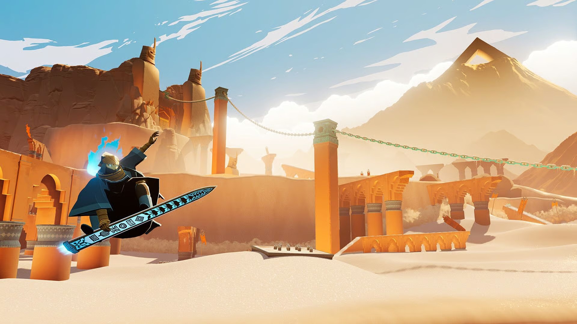 Personnage glissant sur une vague de sable dans The Sword of the Sea
